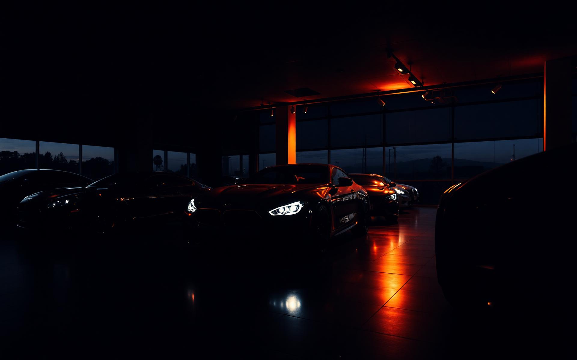 Luxury automotive showroom at dusk